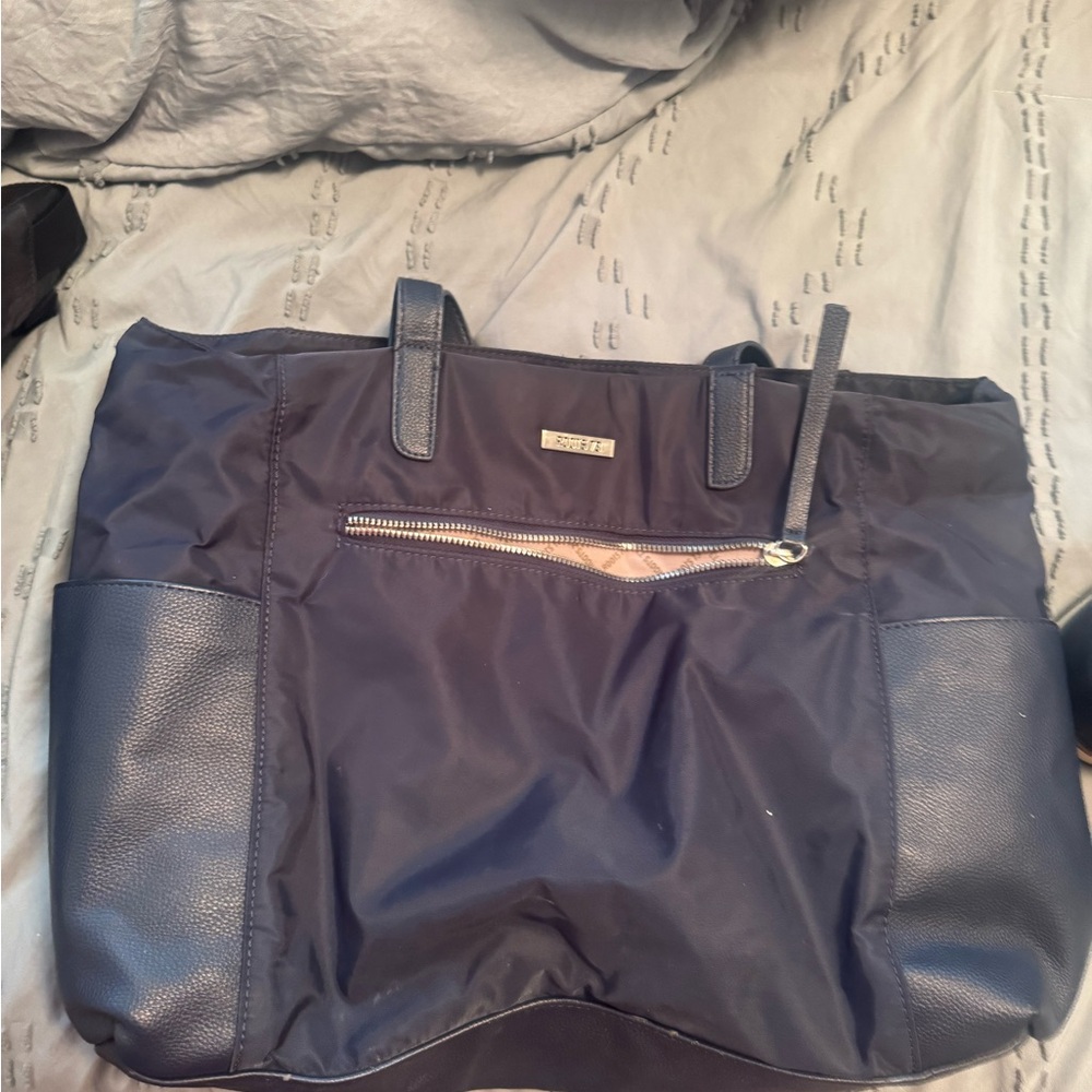Navy Roots Tote Bag with Front Zip Pocket